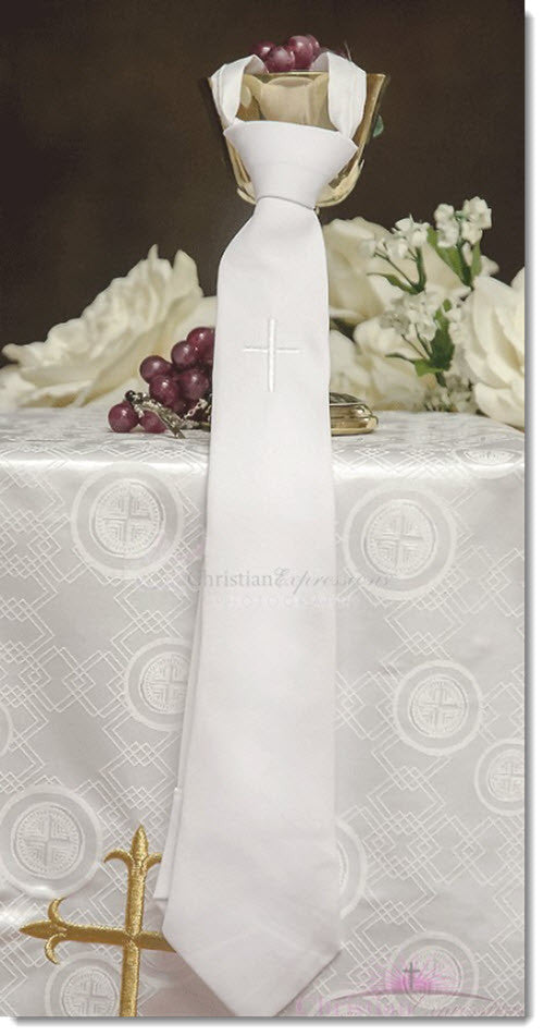 boys white tie with embroidered cross