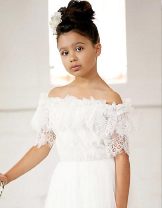 Lace off the top shoulder flower girl dress