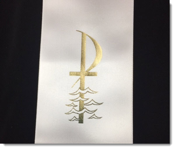 baptism stole - silver or gold metallic print cross and water