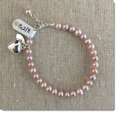 blush pink 'petite' freshwater pearl bracelet with sterling silver heart.