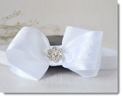 Christening Headband white satin bow with diamante flower