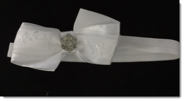 Christening Headband white satin bow with diamante flower