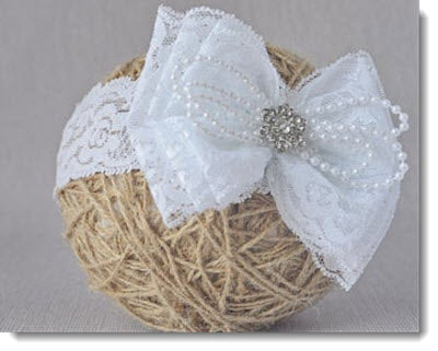 Christening headband - White Lace Bow  with pearls