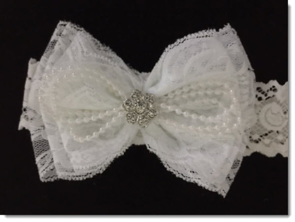 Christening headband - White Lace Bow  with pearls